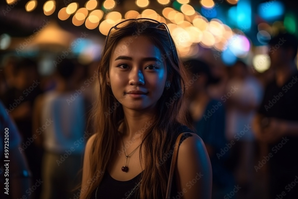 young adult asian or indonesian woman,m fictional place, in the middle of night life with many local people and tourists in tourist area, night life and night market. Generative AI young adult asian or indonesian woman,m fictional place, in the middle of night life with many local people and tourists in tourist area, night life and night market. Generative AI