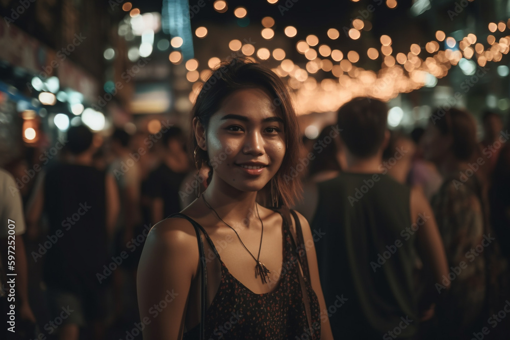 young asian woman or teenager outdoors in typical nightlife in a city with many local people in the market, fictional place. Generative AI young asian woman or teenager outdoors in typical nightlife in a city with many local people in the market, fictional place. Generative AI