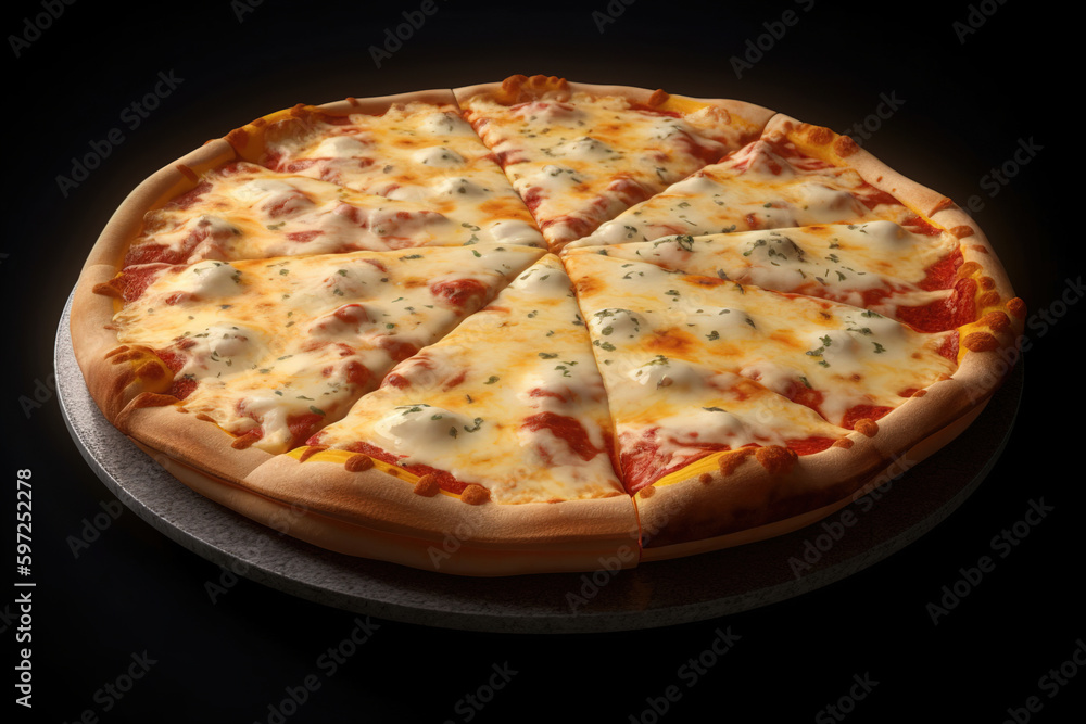 Presentation of a cheesy pizza with dark background - Generative AI illustration