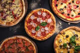 Top view, table full of delicious pizzas with fresh vegetables and dark background - Generative AI illustration