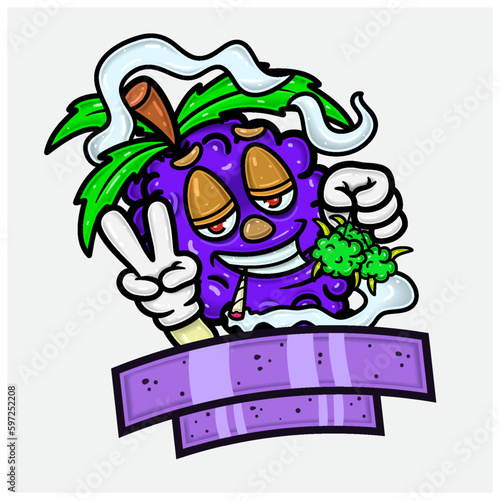 Grape Fruit Mascot Cartoon Characters With Weed Bud, Smoking and Blank Sign Label.