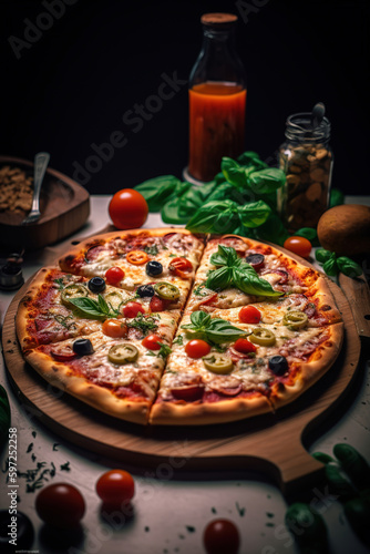 Fresh italian handmade pizza with tasty vegetables on a wooden board - Generative AI illustration 
