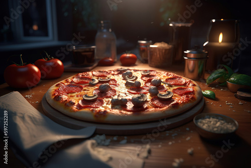 Pepperoni and mushrooms on delicious cheesy pizza, dark background - Generative AI illustration 