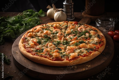 Shrimp, garlic and pesto Pizza, seafood pizza with wooden background - Generative AI illustration 