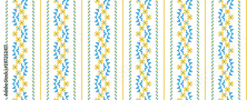 Ukrainian vector seamless fashion pattern. Decoration in blue and yellow color. Ukrainian vertical stripes fashion pattern. Pixel art, vyshyvanka, cross stitch