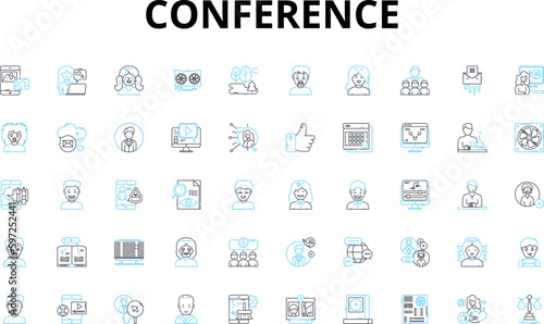 Conference linear icons set. Nerking, Presentations, Workshops, Keynote, Panels, Sessions, Industry vector symbols and line concept signs. Experts,Speakers,Schedule illustration Generative AI