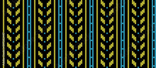 Ukrainian vector seamless fashion pattern. Decoration in blue and yellow color. Ukrainian vertical stripes fashion pattern. Pixel art, vyshyvanka, cross stitch