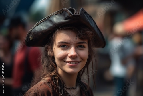 a young woman or teenager girl is a pirate on a pirate ship. Generative AI © wetzkaz