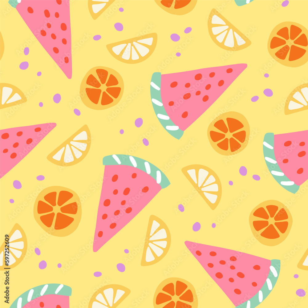 Fruit vector seamless pattern. Cute doodle background with hand drawn lemon and orange. Slice of watermelon wallpaper, textile, wrapping paper print design