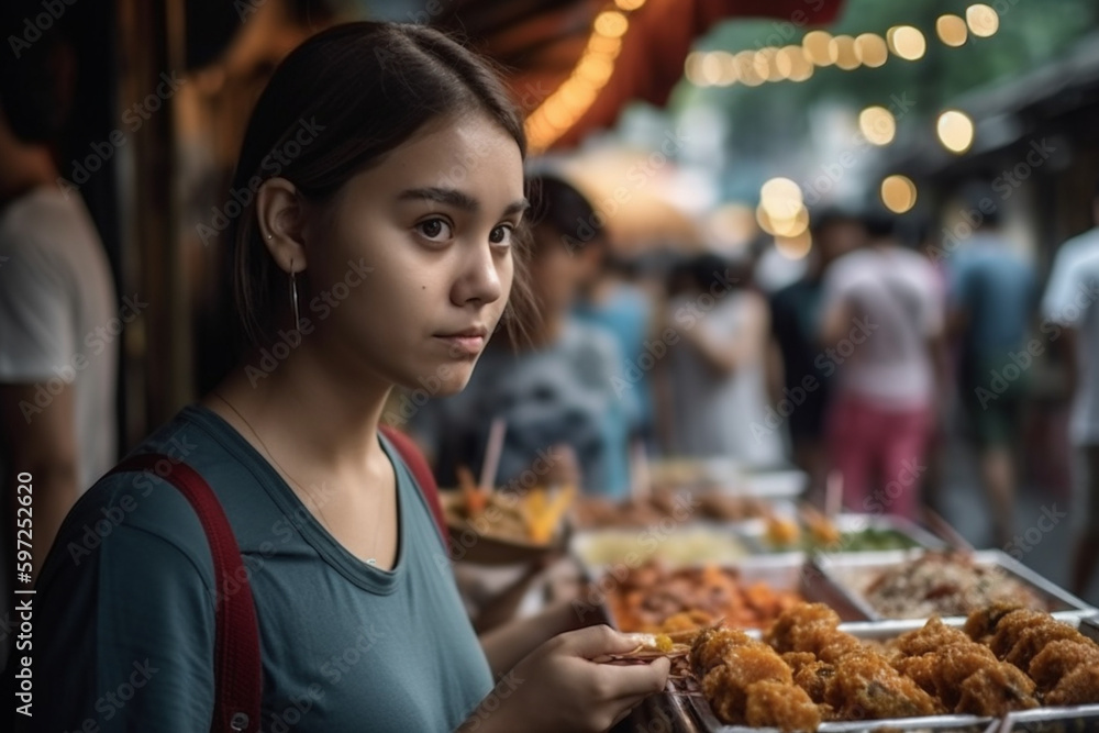 young asian woman or teenager outdoors with many local people at the market, fictional place. Generative AI