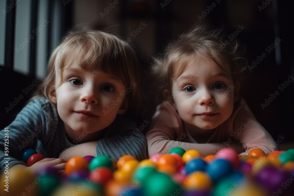 siblings in children's room with toys, kids at home, boy and girl toddlers. Generative AI siblings in children's room with toys, kids at home, boy and girl toddlers. Generative AI