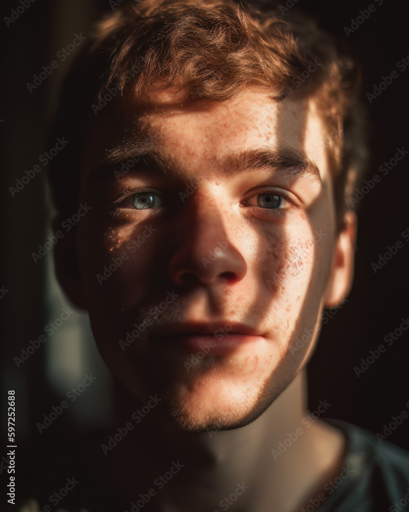 AI generated portrait of man with freckles or acne on skin AI generated portrait of man with freckles or acne on skin