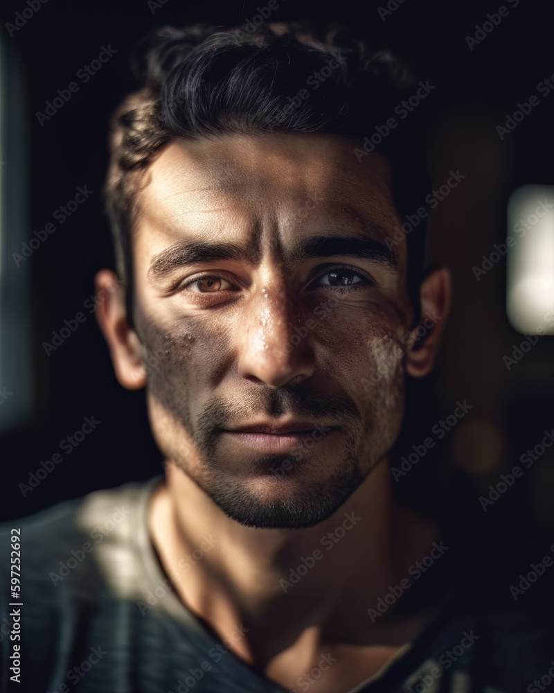 AI generated portrait of man with freckles or acne on skin AI generated portrait of man with freckles or acne on skin