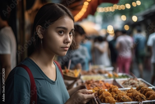 young asian woman or teenager outdoors with many local people at the market  fictional place. Generative AI