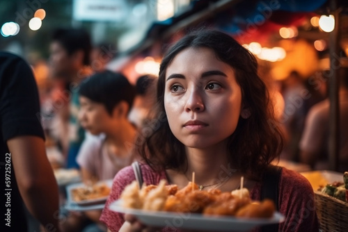 young asian woman or teenager outdoors with many local people at the market  fictional place. Generative AI