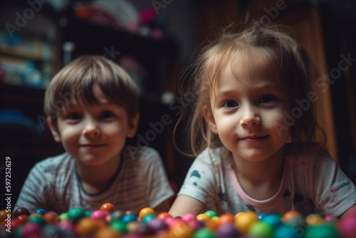 siblings in children's room with toys, kids at home, boy and girl toddlers. Generative AI
