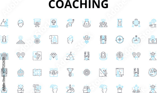 Coaching linear icons set. Mentorship, Guidance, Empowerment, Support, Development, Encouragement, Motivation vector symbols and line concept signs. Accountability,Leadership,Improvement Generative AI