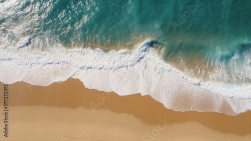 Ariel view of a beach with waves hitting the sand, top view. Sunny Day. generative ai