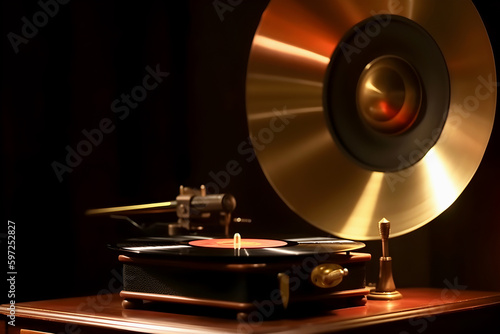 Golden round vintage gramophone with vinyl flat record on dark background close-up. Retro music. Generative AI