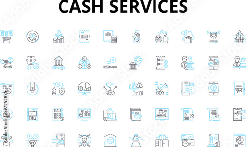 Cash services linear icons set. Loan, Deposit, Withdrawal, ATM, Credit, Debit, Exchange vector symbols and line concept signs. Currency,Fund,Transfer illustration