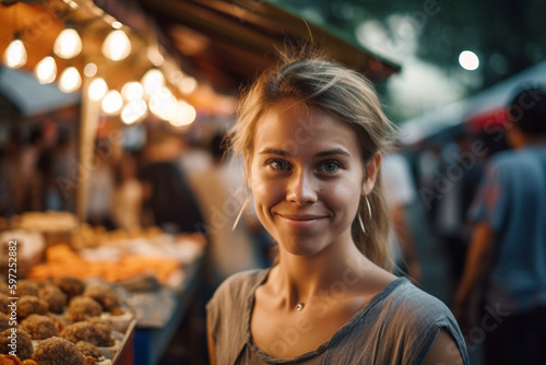 young adult woman is happy at a food market, fictional place. Generative AI