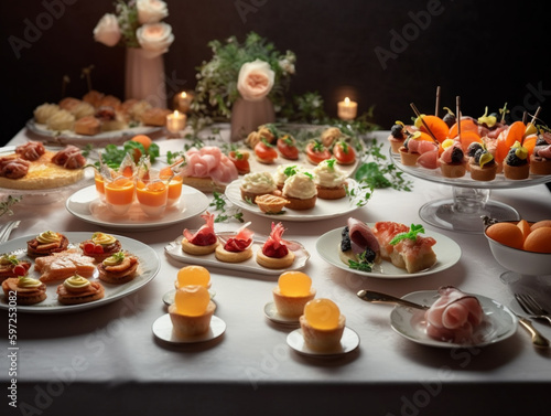 a table topped with different foods festive table prof , generative ai © Life Food Arts