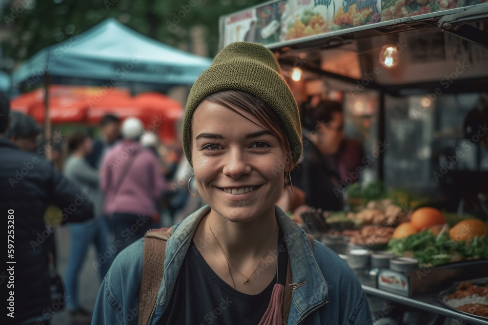 young adult woman outside in a city with light jacket, fictitious place. Generative AI young adult woman outside in a city with light jacket, fictitious place. Generative AI