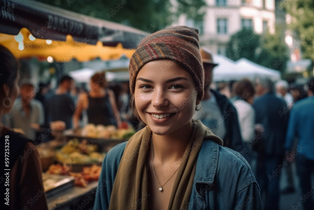 young local tourist woman or teenager outdoors at typical weekend market in a city with many local people in the market, fictional place. Generative AI