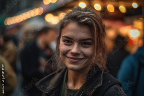 a young adult woman is at a local market, fictional european place. Generative AI © wetzkaz