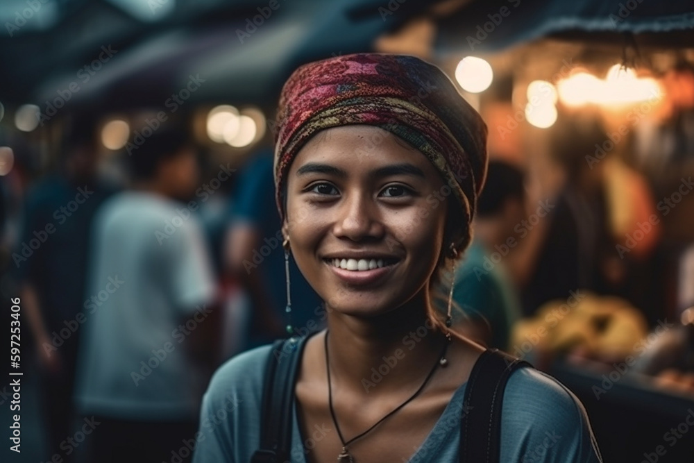 young asian woman or teenager outdoors in typical nightlife in a city with many local people in the market, fictional place. Generative AI