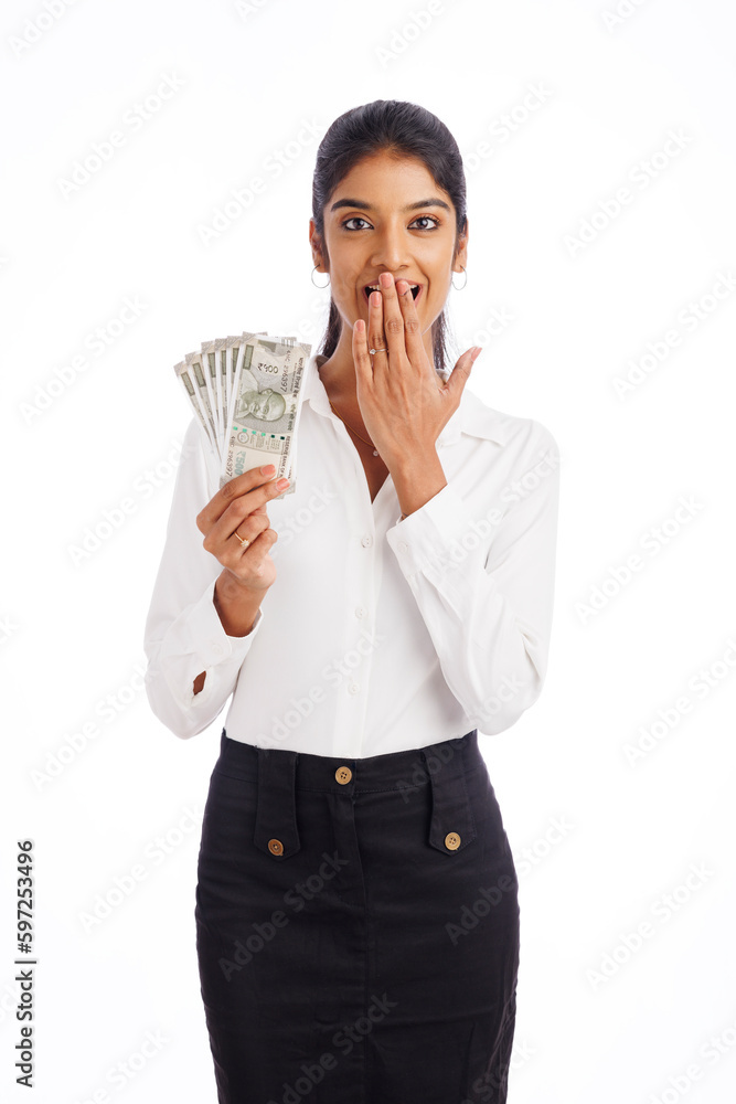 Surprised young business woman with Indian currency isolated on white. Surprised young business woman with Indian currency isolated on white.