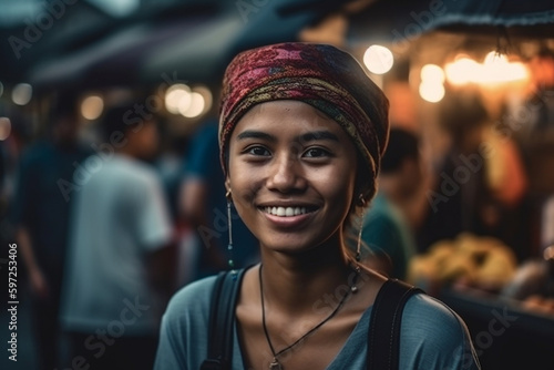 young asian woman or teenager outdoors in typical nightlife in a city with many local people in the market, fictional place. Generative AI © wetzkaz