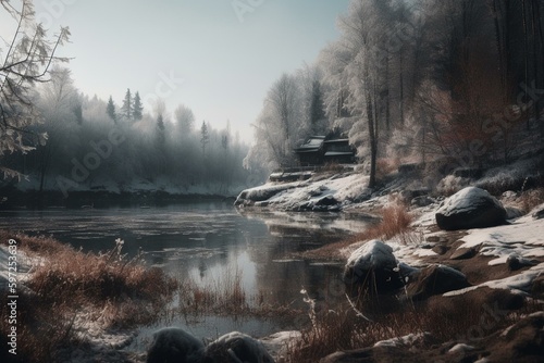 A winter landscape by the lake. Generative AI