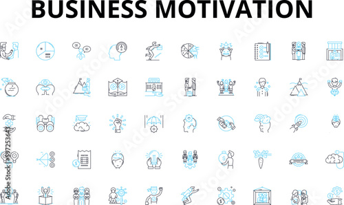 Business motivation linear icons set. Ambition, Drive, Tenacity, Entrepreneurship, Leadership, Innovation, Determination vector symbols and line concept signs. Resilience,Focus,Growth illustration