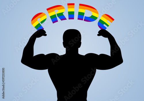 Orgullo LGTBIQA+. Silueta negra de persona musculada sujetando la palabra orgullo en tonos de la bandera LGTBI 