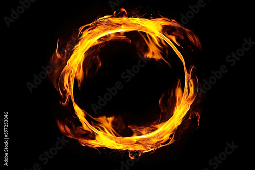 Abstract Fire Ring on Black Background. Isolated Circle of Flames, Design Art and Illustration