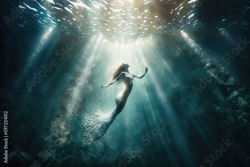 Beautiful young woman with mermaid tail swims and dives under sunny deep water, fantastic fish in water, generative AI. photo