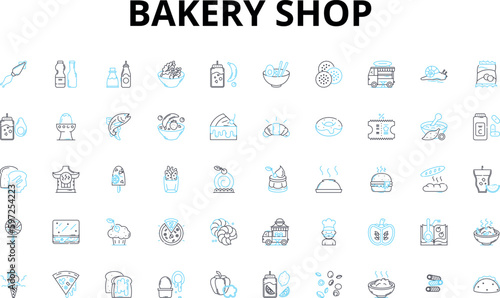Bakery shop linear icons set. Fresh, Delicious, Sweet, Savory, Flaky, Aromatic, Gourmet vector symbols and line concept signs. Artisan,Classic,Unique illustration Generative AI