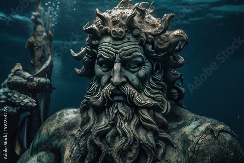 Neptune is the god of the underwater sea, Poseidon is the mythical god of water, generative AI.