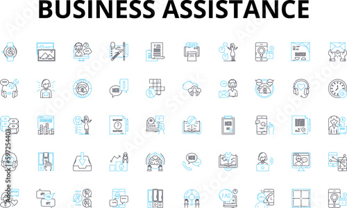 Business assistance linear icons set. Consulting, Advisory, Mentorship, Coaching, Nerking, Outsourcing, Strategy vector symbols and line concept signs. Incubator,Accelerator,Partnership Generative AI