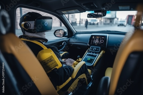 taxi cab driver car with technology or humanoid android robot with artificial intelligence. Generative AI © wetzkaz
