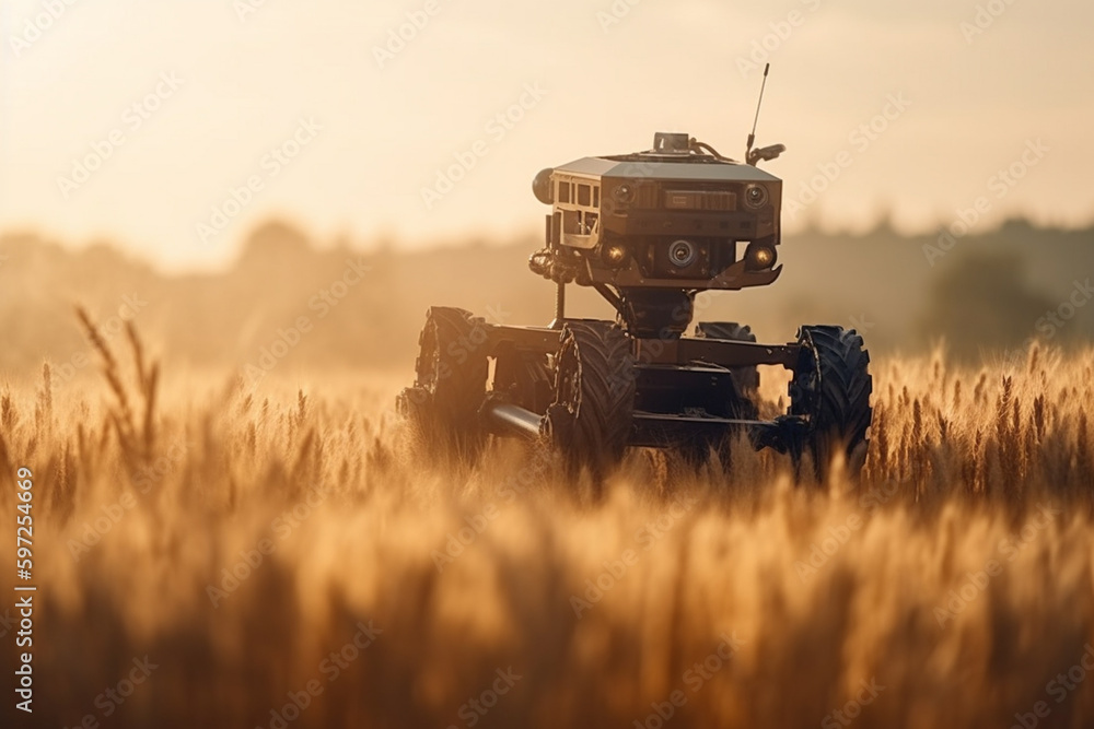 Fototapeta premium harvesting robot works on a wheat field. Generative AI