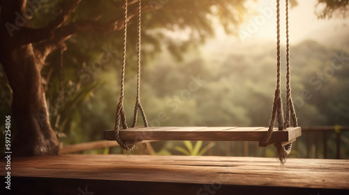 Old wooden terrace with wicker swing hang on the tree with blurry nature background 3d render, generative ai
