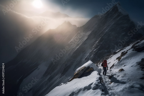 mountaineering, a mountaineer near the summit with snow in the cold, fictional place. Generative AI