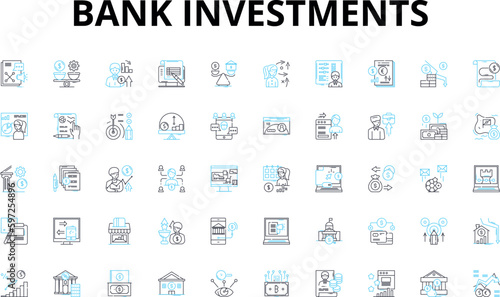 Bank investments linear icons set. Portfolio, Diversification, Yield, Return, Risk, Growth, Securities vector symbols and line concept signs. Bonds,Equity,Dividends illustration Generative AI