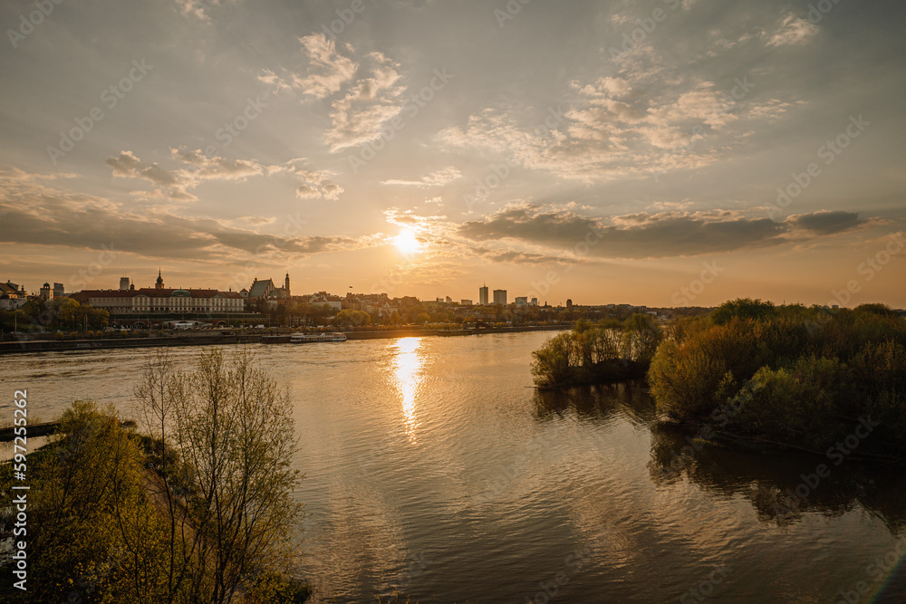 Vistula River and city downtown in Warsaw, capital of Poland