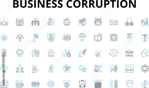 Business corruption linear icons set. Bribery, Embezzlement, Fraud, Scandal, Manipulation, Kickbacks, Misappropriation vector symbols and line concept signs. Dishsty,Nepotism,Collusion Generative AI photo