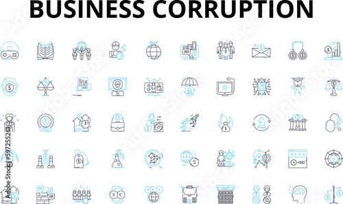 Business corruption linear icons set. Bribery, Embezzlement, Fraud, Scandal, Manipulation, Kickbacks, Misappropriation vector symbols and line concept signs. Dishsty,Nepotism,Collusion Generative AI