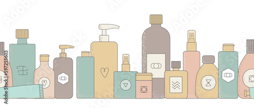 Wallpaper Mural Pastel color cartoon cosmetic bottles, jars. Eco face cream tubes, cleanser, soap for bath, oil scrub, lotion facial gel vector illustrations Torontodigital.ca