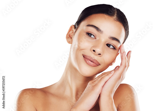 Skincare, thinking and face of woman with beauty on isolated, png and transparent background. Dermatology, facial wellness and happy female person relax with natural cosmetics, makeup and smooth skin